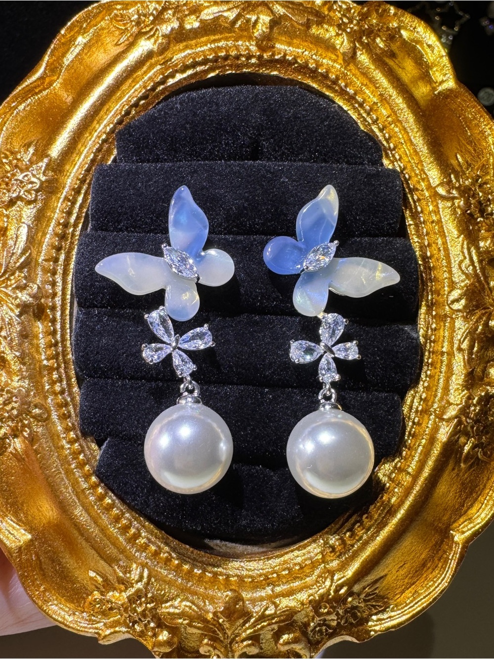 S925 Posts-Blue Floral Butterfly Faux Pearl Drop Earrings
